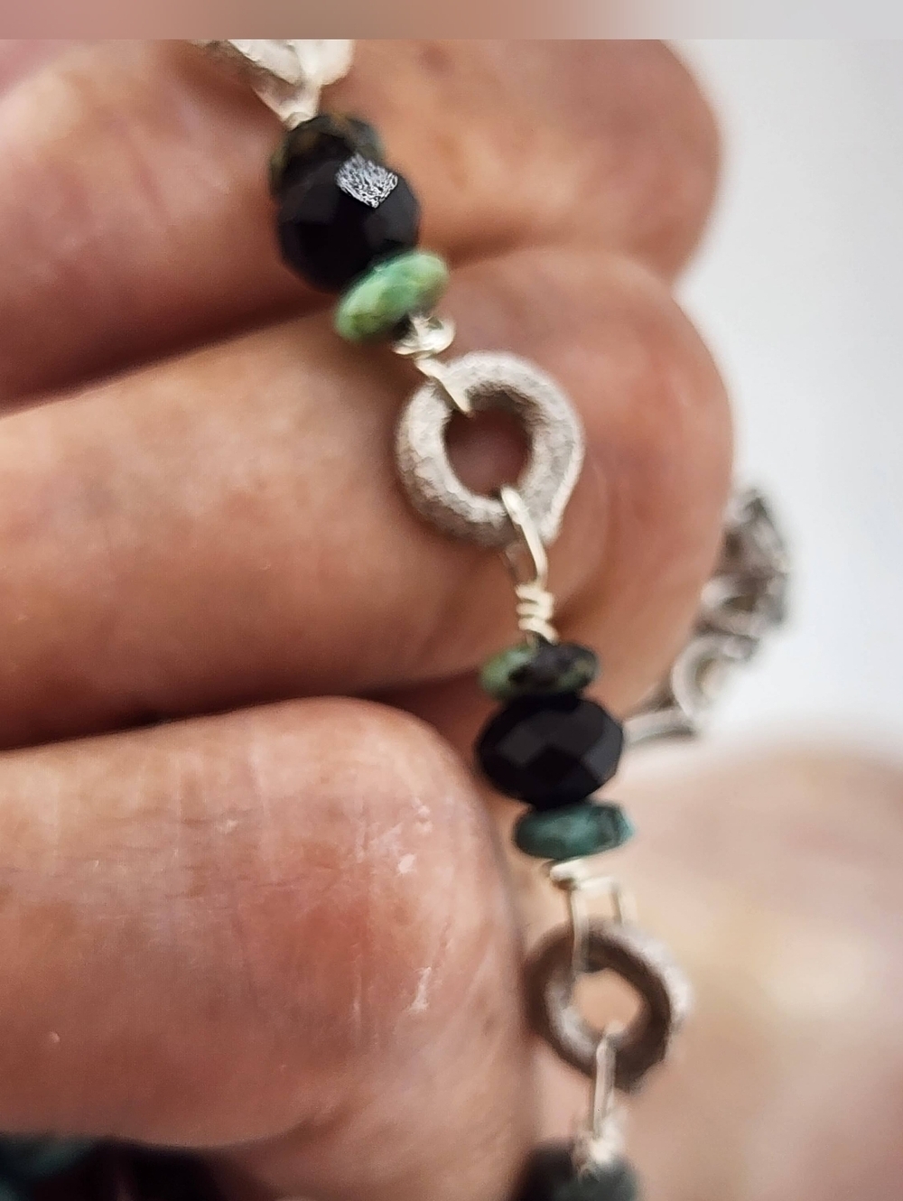 BANGLE HANDMADE BRACELET TURQUOISE, ONYX & PEARLS HANDMADE IN STERLING SILVER - Picture 14 of 14